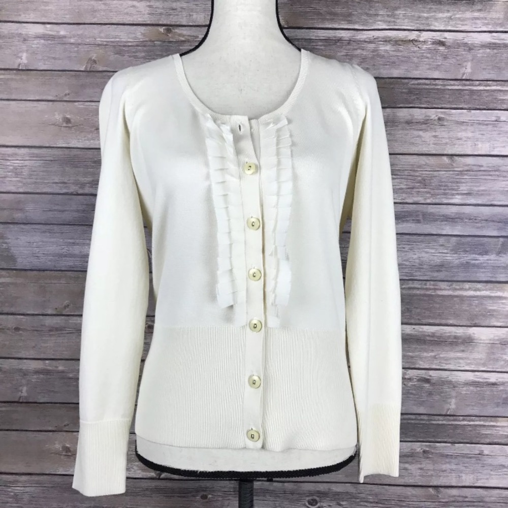 Ann Taylor Ivory Ruffle Silk Blend Cardigan Size M